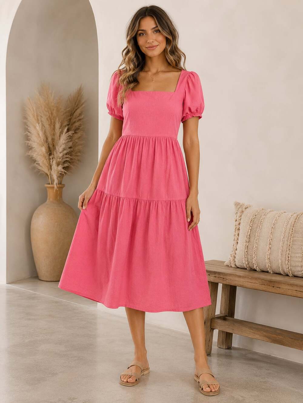 Uniqlo Linen Blend Tiered Midi Dress Pink Puff Sleeve Open Back XS Cottagecore